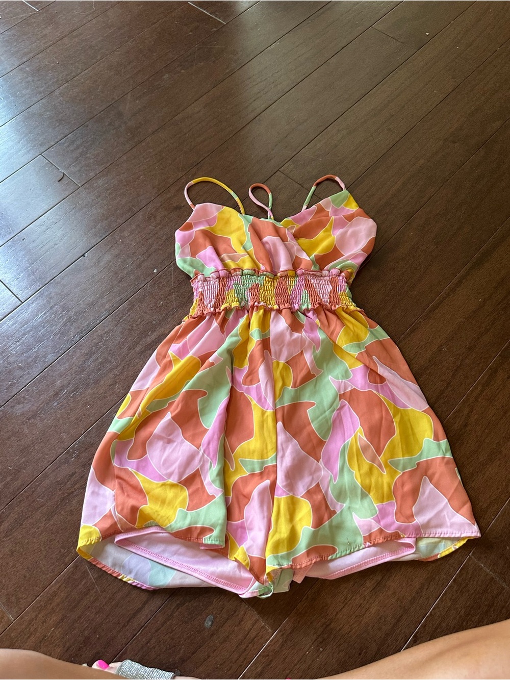 Pink Lily Multicolor Smocked Waist Romper - Pink, Yellow & Green